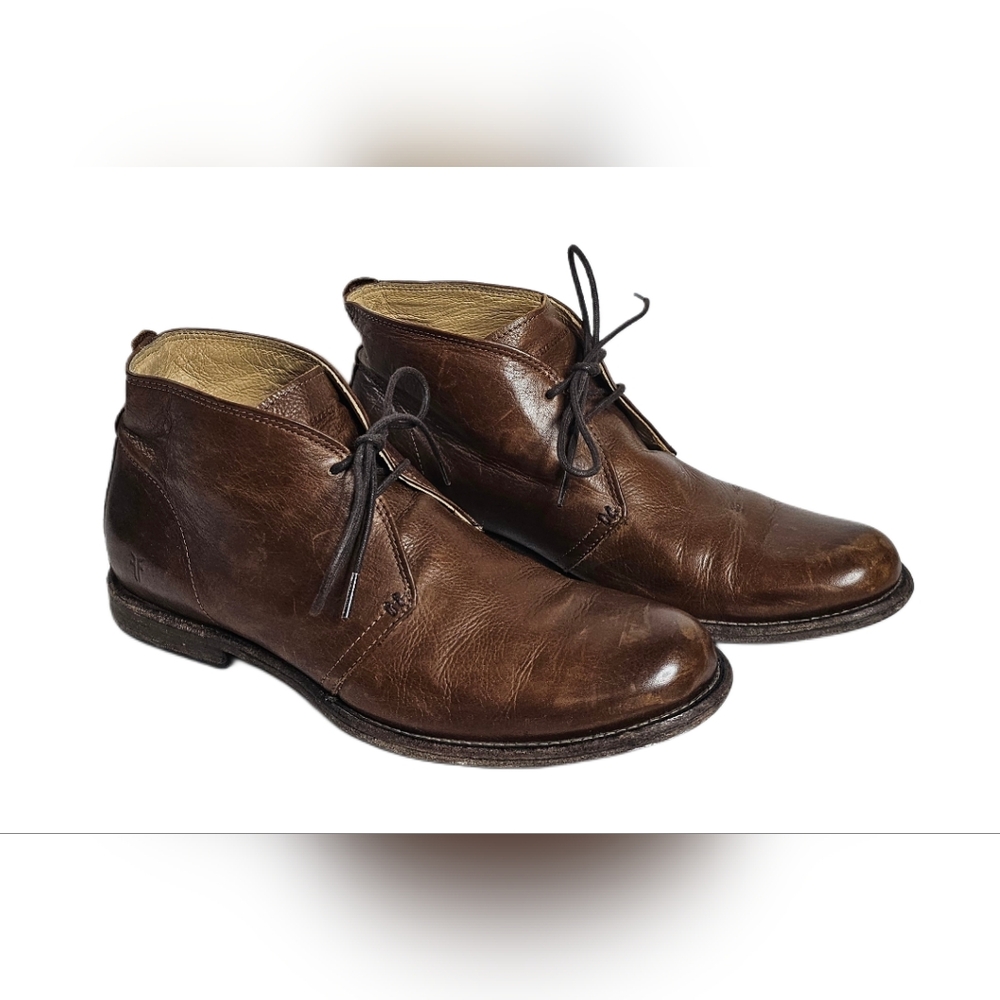 Frye Phillip Chukka Boots Lace Up Cognac Brown Leather Shoes Men 10.5 D 87533